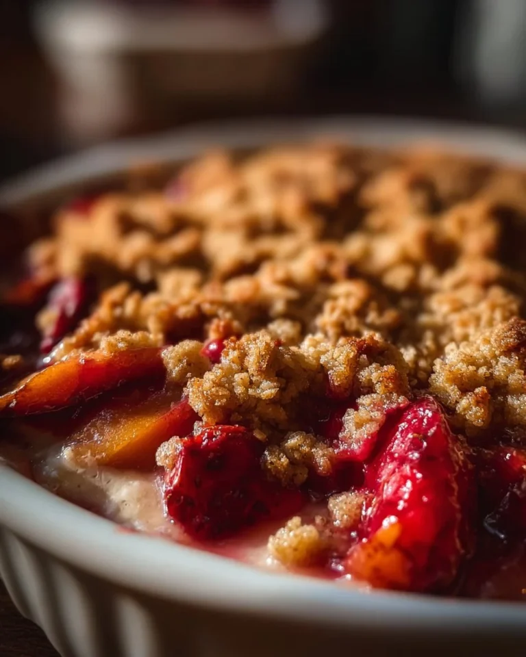 Delicious strawberry rhubarb crisp dessert topped with golden oat crumble