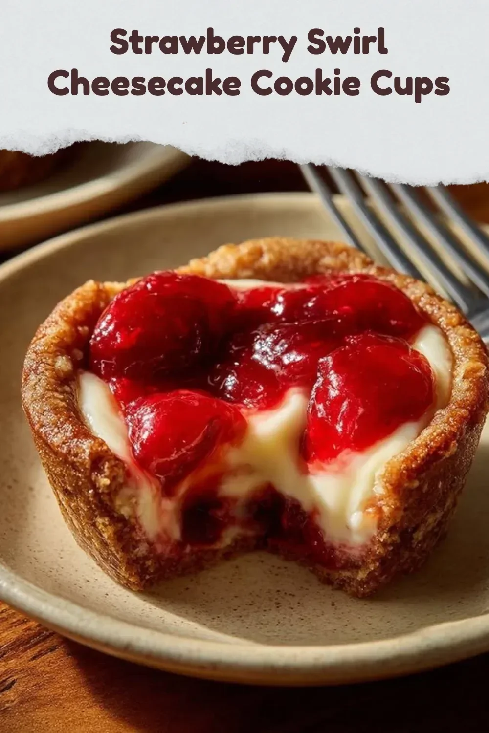 Strawberry swirl cheesecake cookie cups on a dessert plate