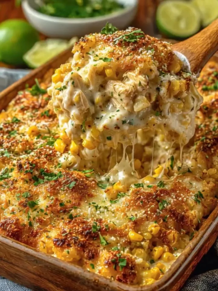 Delicious Street Corn Chicken Casserole topped with cheese and herbs