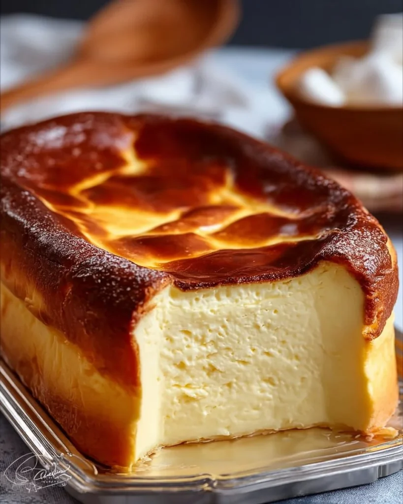 Slice of super creamy burnt cheesecake with a caramelized top