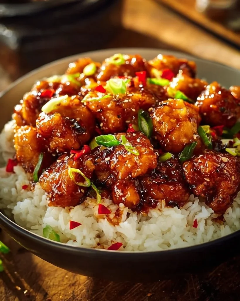 Delicious sweet chili chicken served with vibrant vegetables and herbs