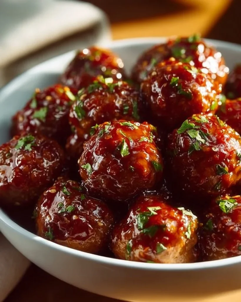 Sweet Chili Meatballs cooked in a crockpot, ready to serve and enjoy.