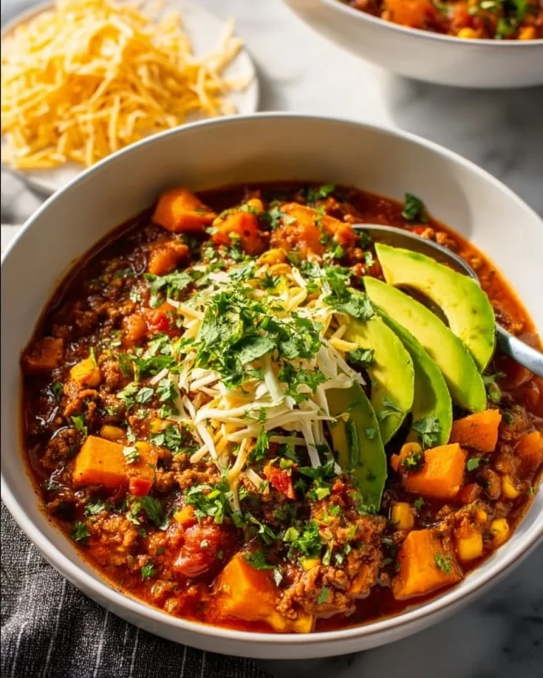Bowl of Sweet Potato Turkey Chili topped with cilantro and avocado