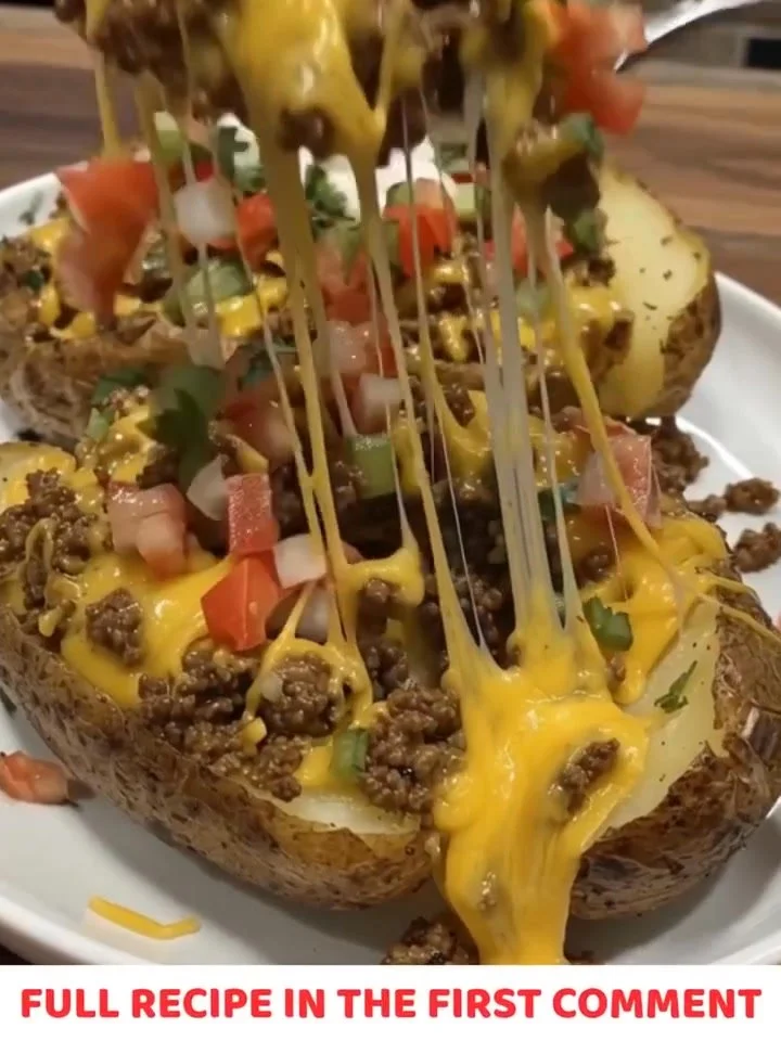 Taco stuffed baked potatoes topped with cheese, salsa, and sour cream