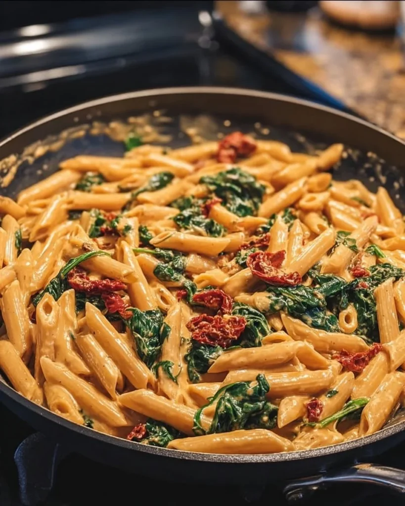 A vibrant bowl of spinach tomato pasta with fresh ingredients