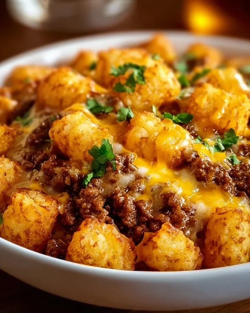 Delicious Tater Tot Casserole with Ground Beef topped with golden crispy tater tots
