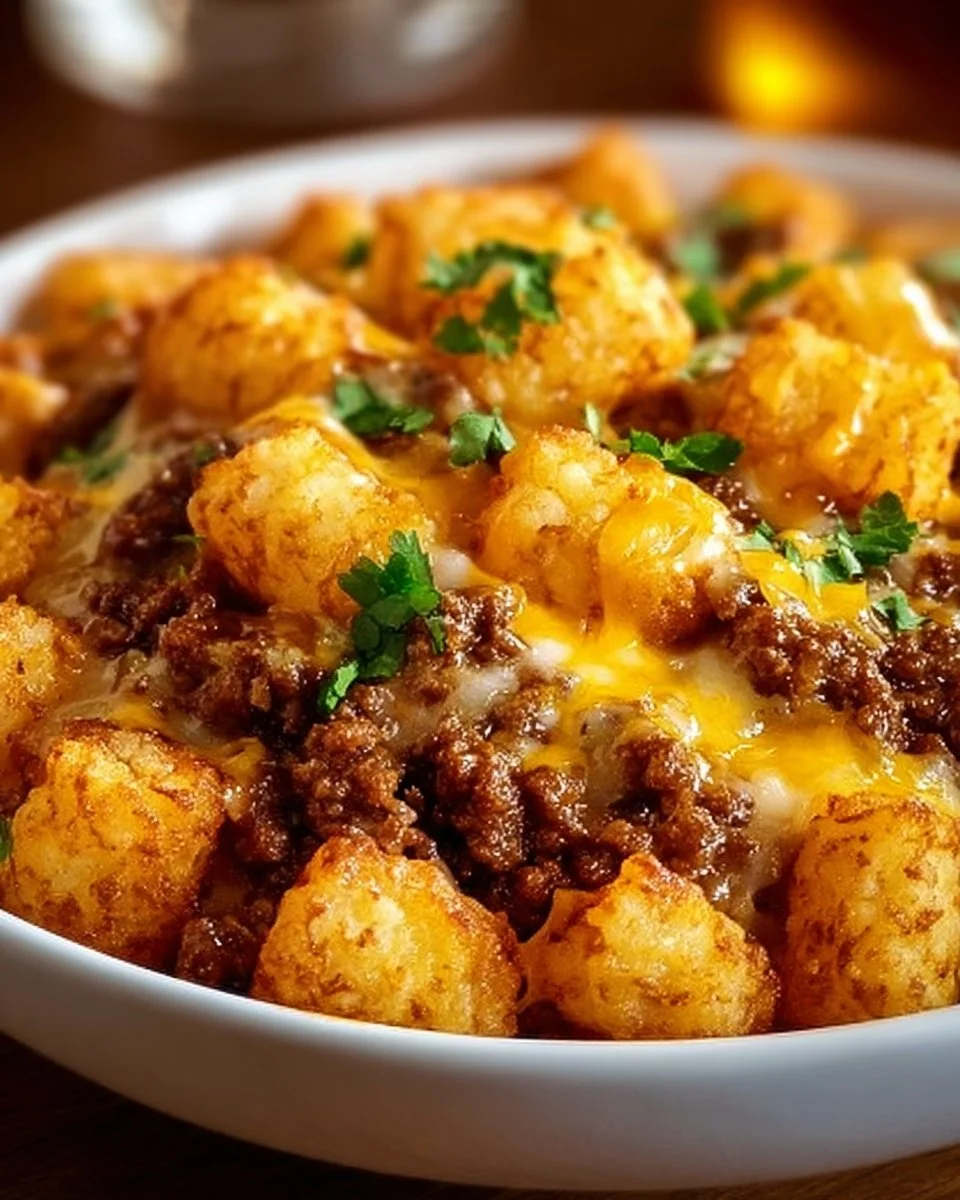Delicious Tater Tot Casserole with Ground Beef topped with golden crispy tater tots