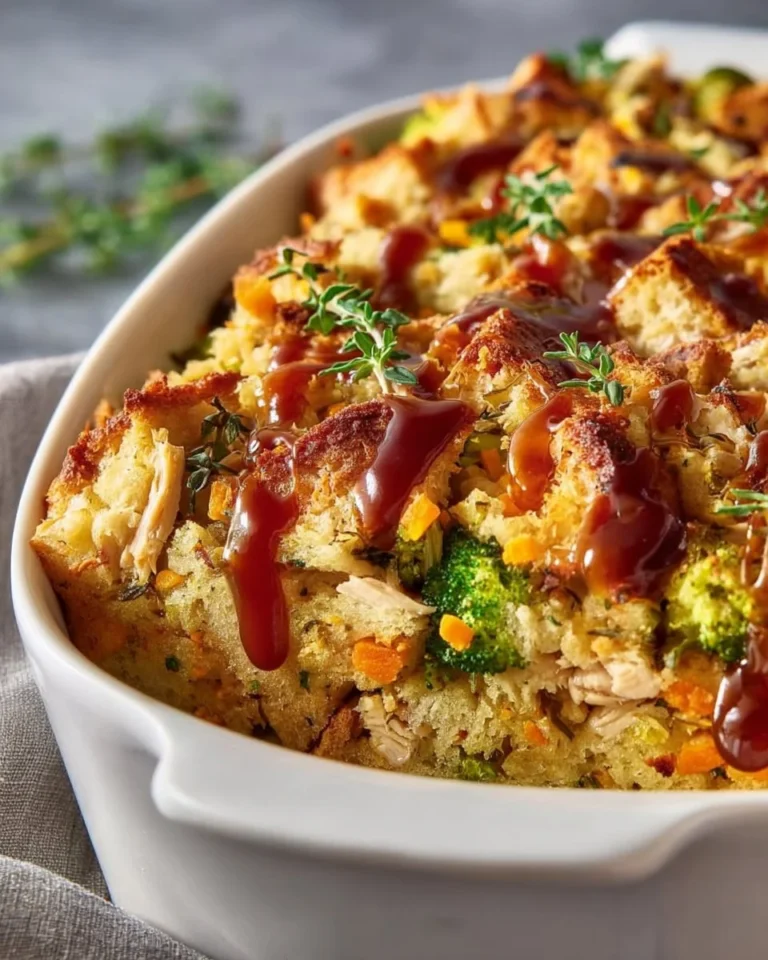 Delicious teriyaki chicken casserole topped with cheese and vegetables