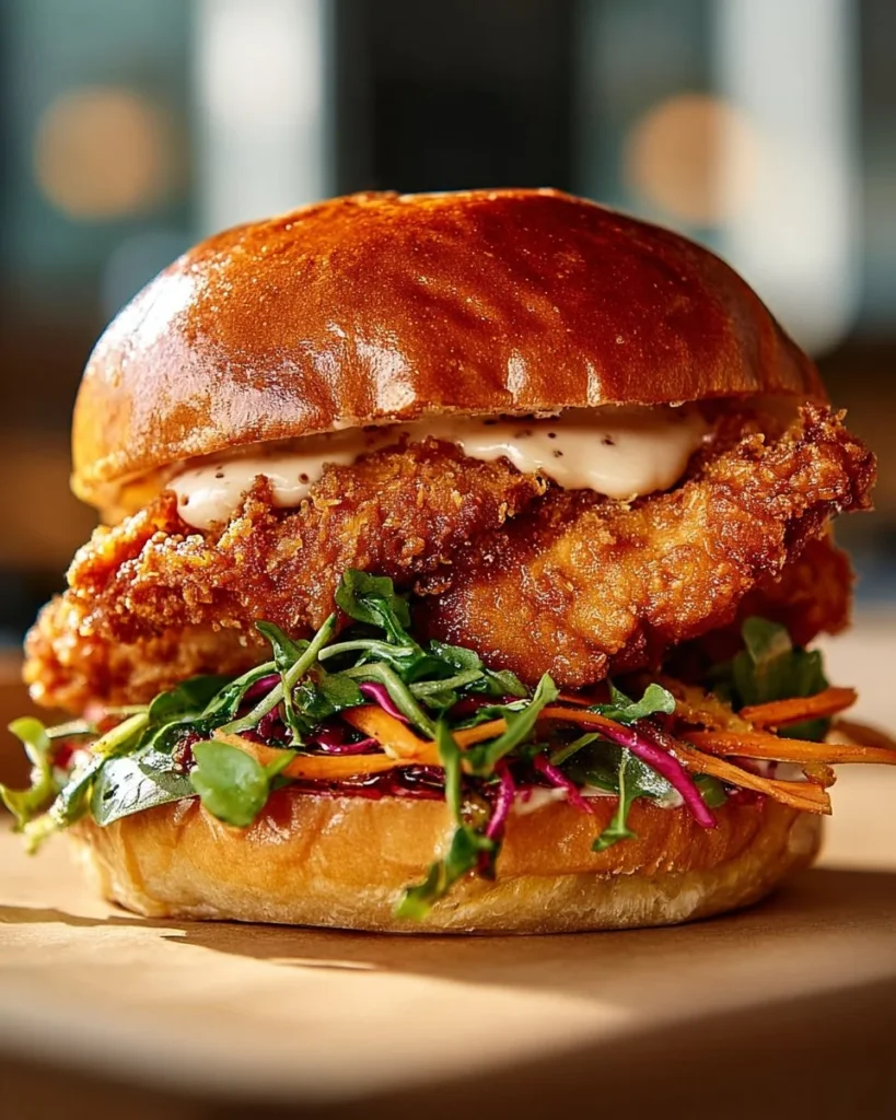 Delicious Thai fried chicken sandwich with spicy sauce and fresh herbs