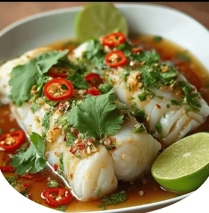 Thai Lime-Garlic Steamed Fish served on a plate with fresh herbs.