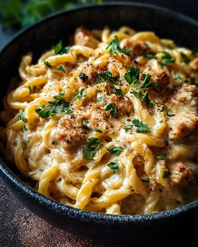 Creamy garlic parmesan crockpot chicken pasta served in a bowl.