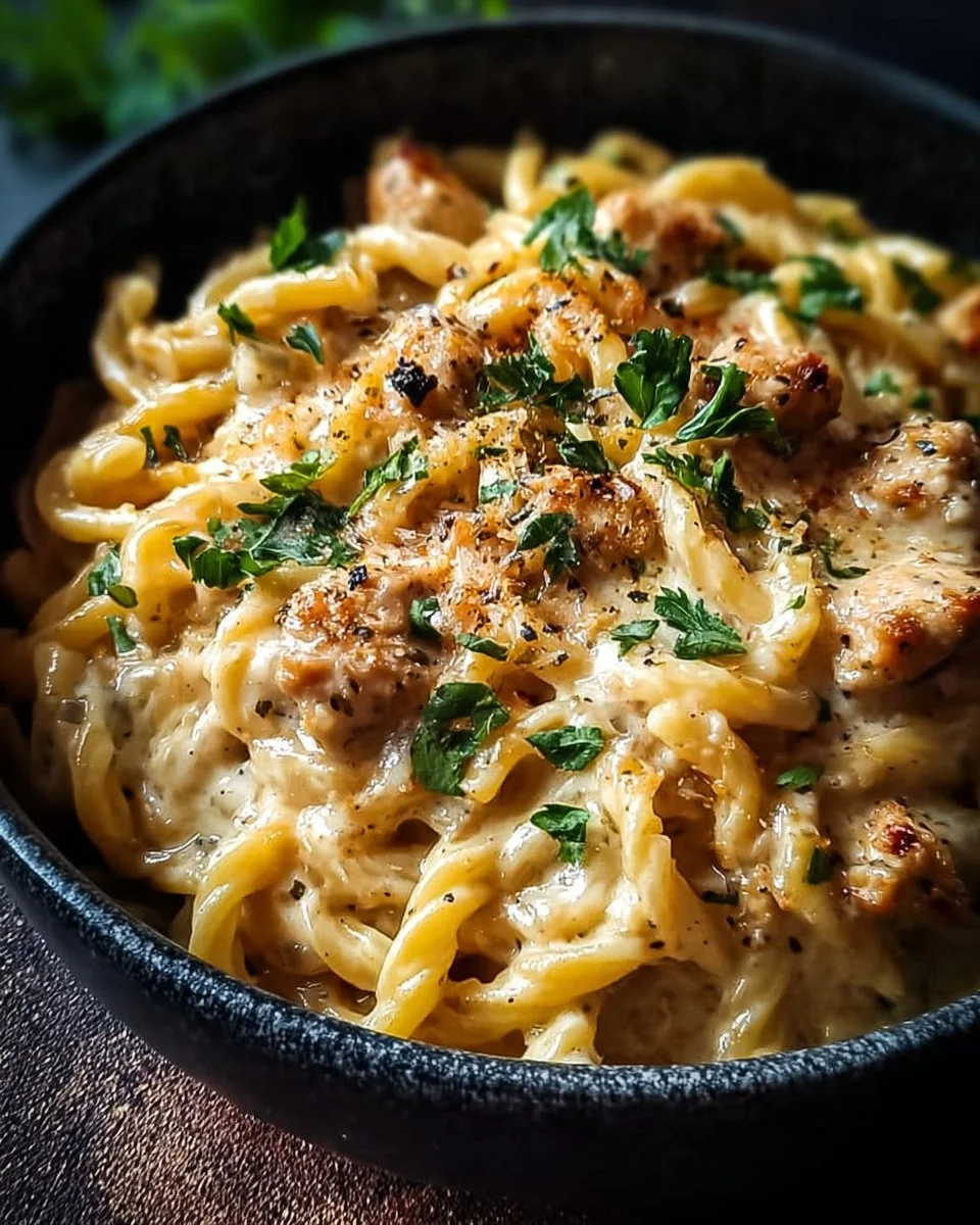 Creamy garlic parmesan crockpot chicken pasta served in a bowl.
