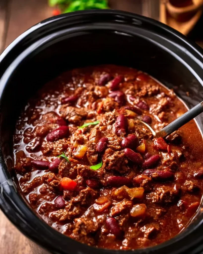 Bowl of slow cooker chili con carne topped with cheese and cilantro