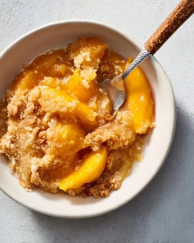 Delicious Southern peach cobbler fresh out of the oven, served with ice cream.