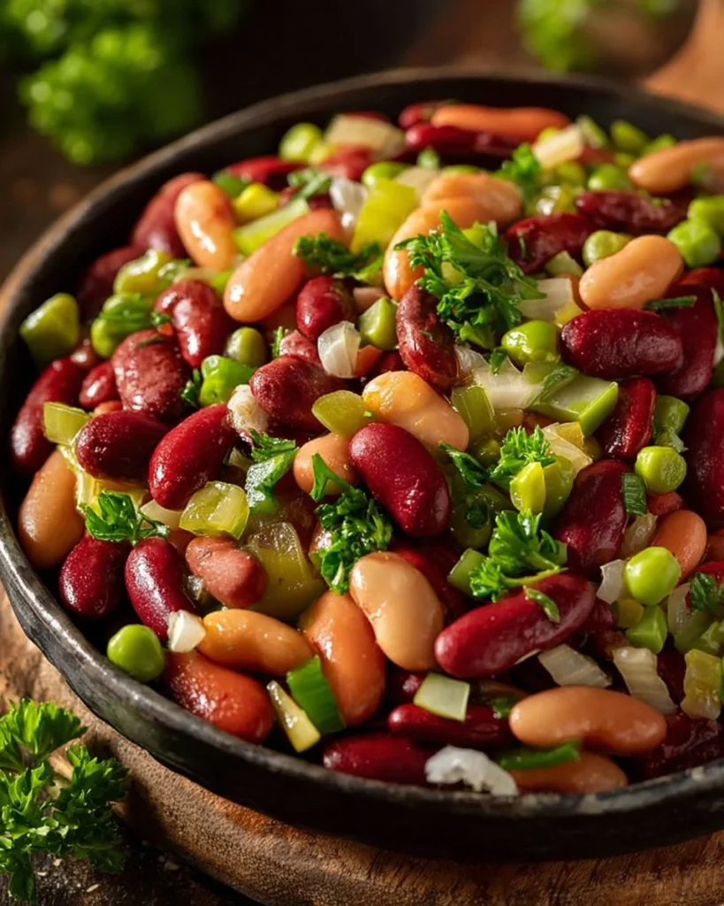 Colorful three bean salad with fresh vegetables in a serving bowl.