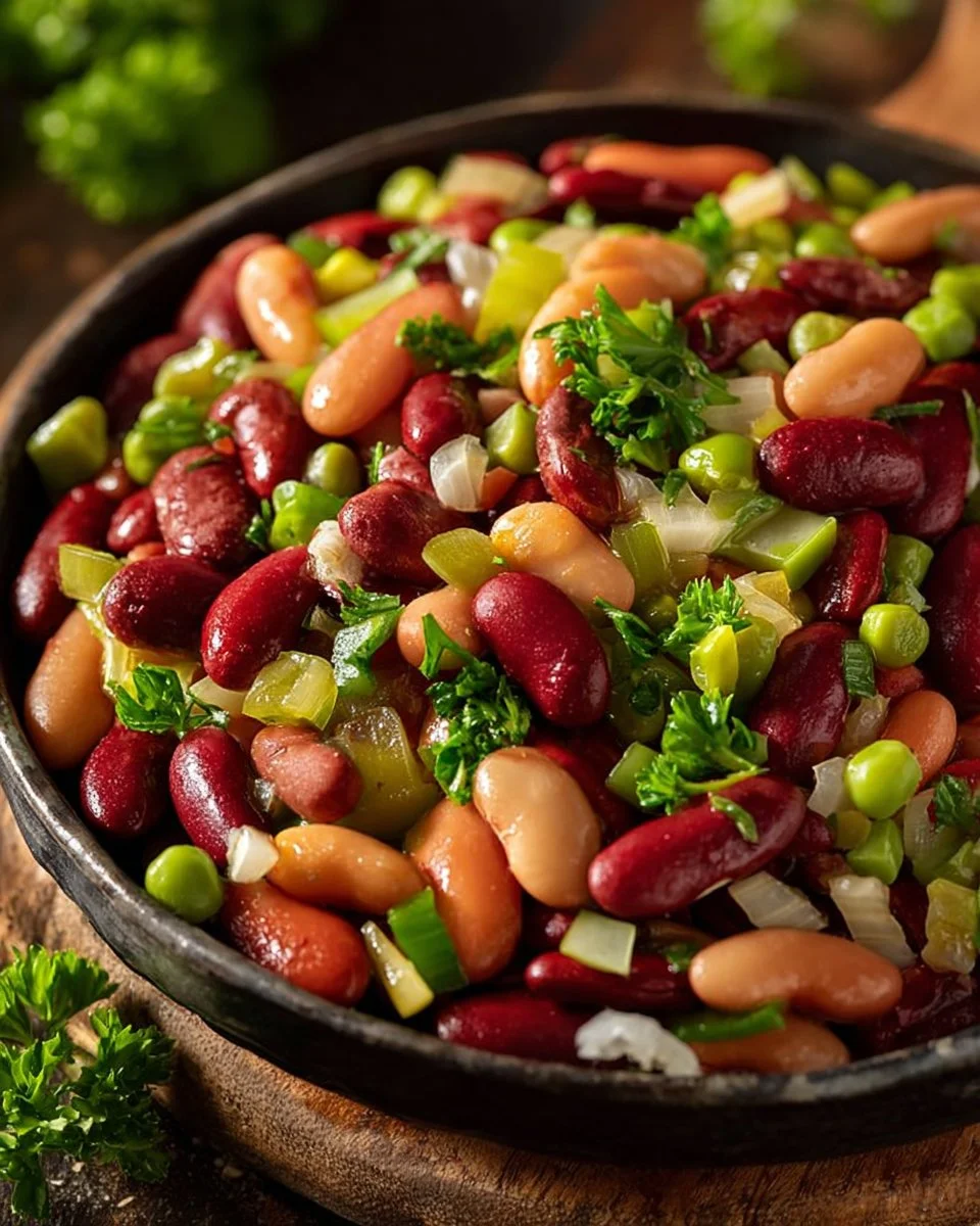 Colorful three bean salad with fresh vegetables in a serving bowl.
