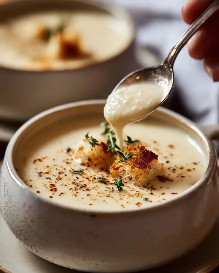 Bowl of delicious Tuscan Parmesan Cream Soup garnished with herbs