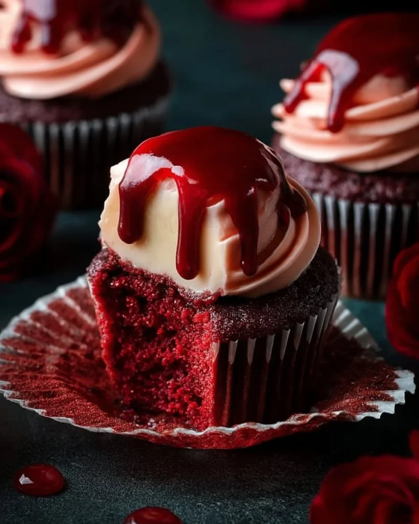 Decorative Vampire Bite Cupcakes with red icing and chocolate drips