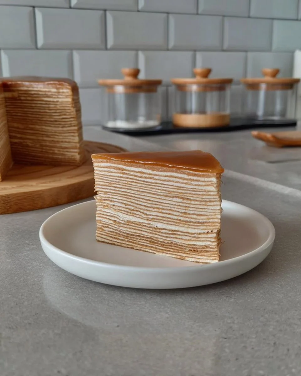 Delicious Vanilla & Speculoos Crêpe Cake layered with sweet fillings and topped with cream.