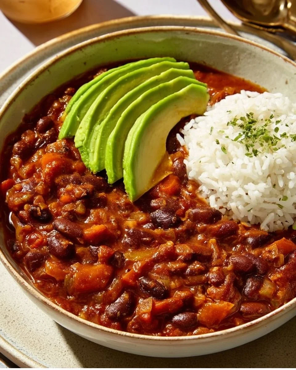 Bowl of hearty vegan chili filled with beans, vegetables, and spices