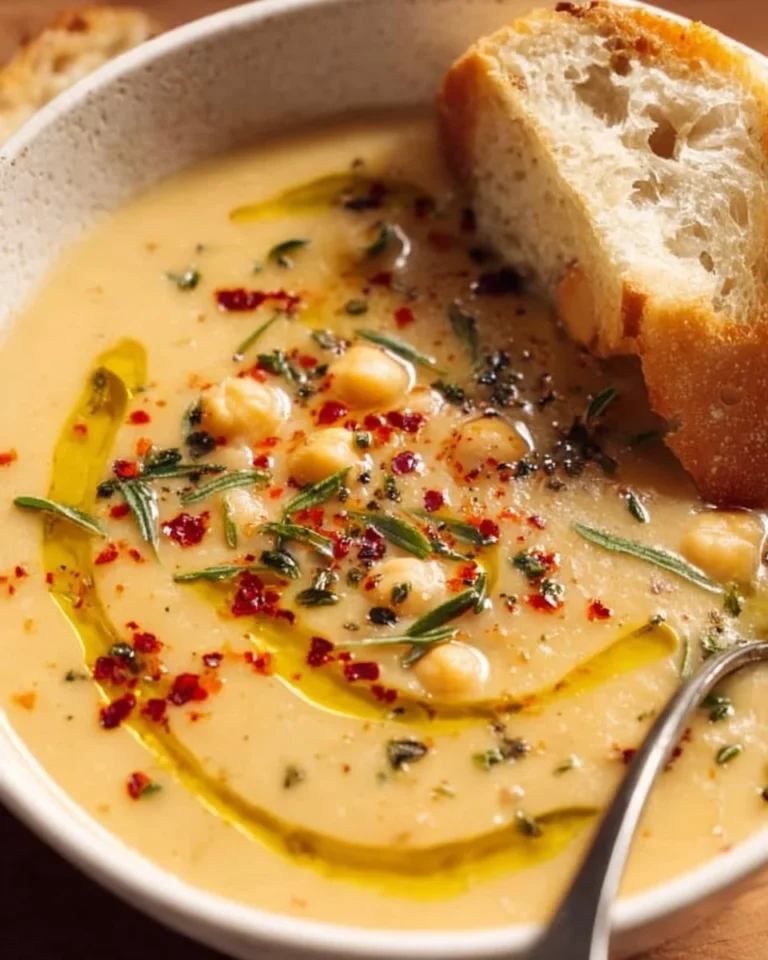 Delicious bowl of vegan garlic chickpea soup garnished with fresh herbs.