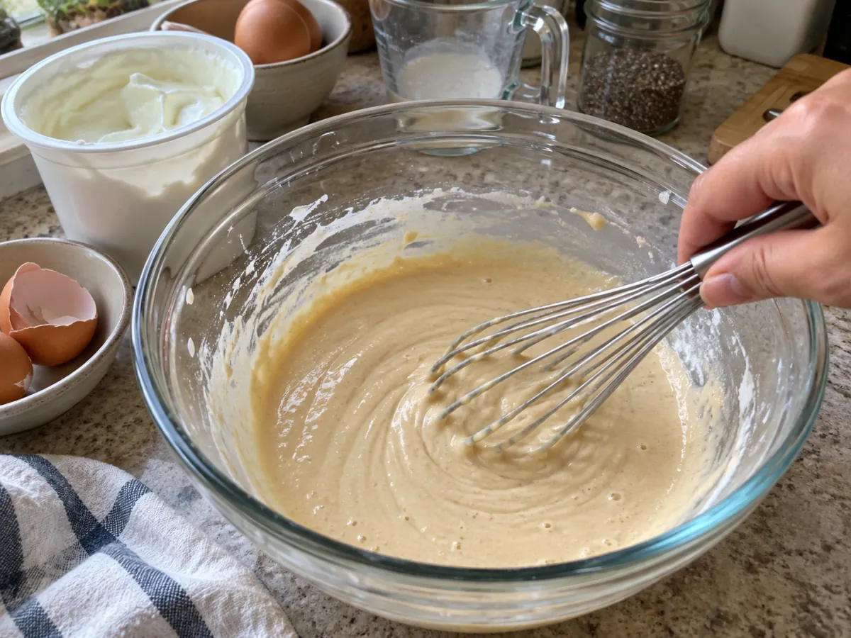 Flourless Black Cocoa and Chia Greek Yogurt Cake Whisking Greek yogurt, eggs, honey and vanilla for the flourless cake