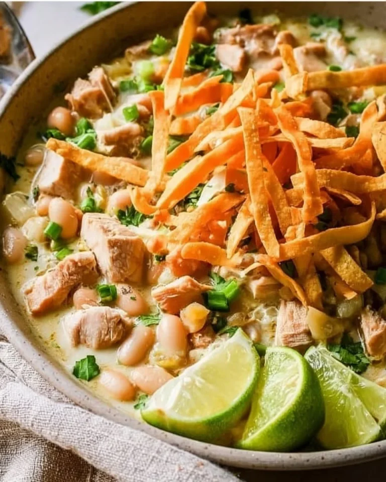 A delicious bowl of white chicken chili topped with fresh herbs and spices