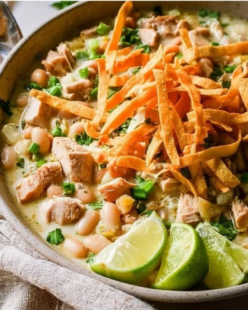 A delicious bowl of white chicken chili topped with fresh herbs and spices