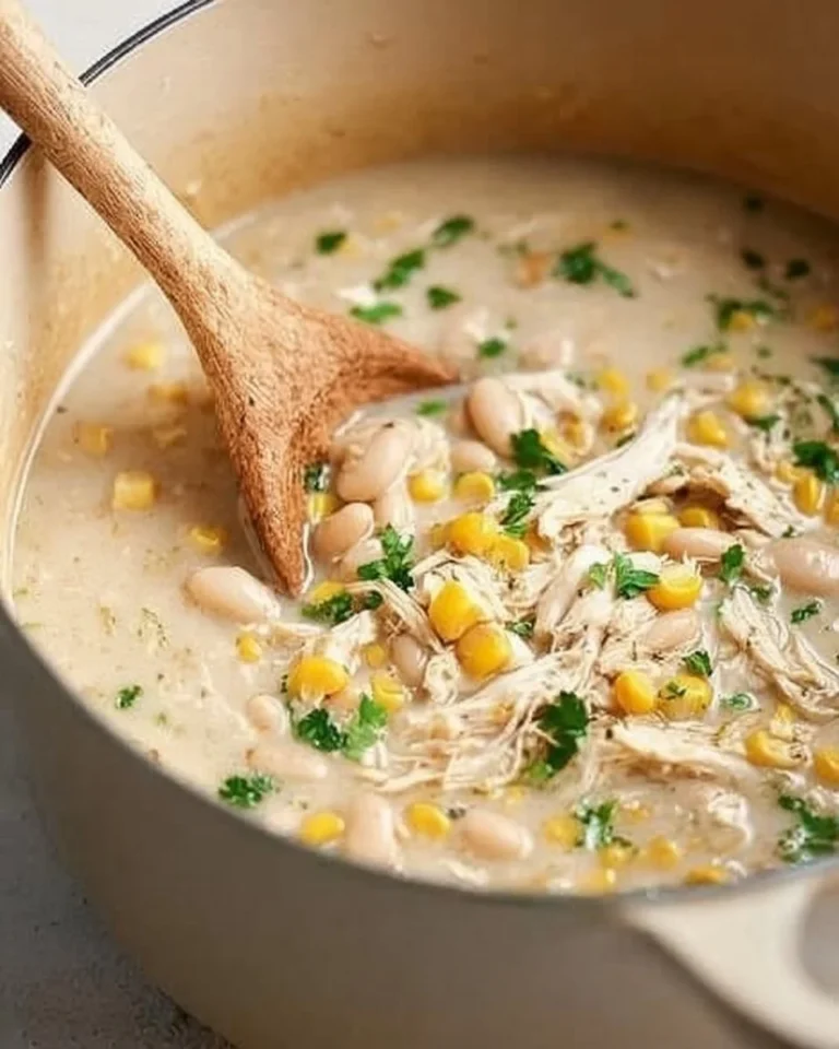 Bowl of creamy White Chicken Chili garnished with cilantro and lime.
