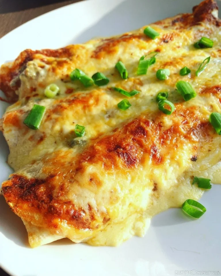 Creamy white chicken enchiladas topped with cheese and sauce