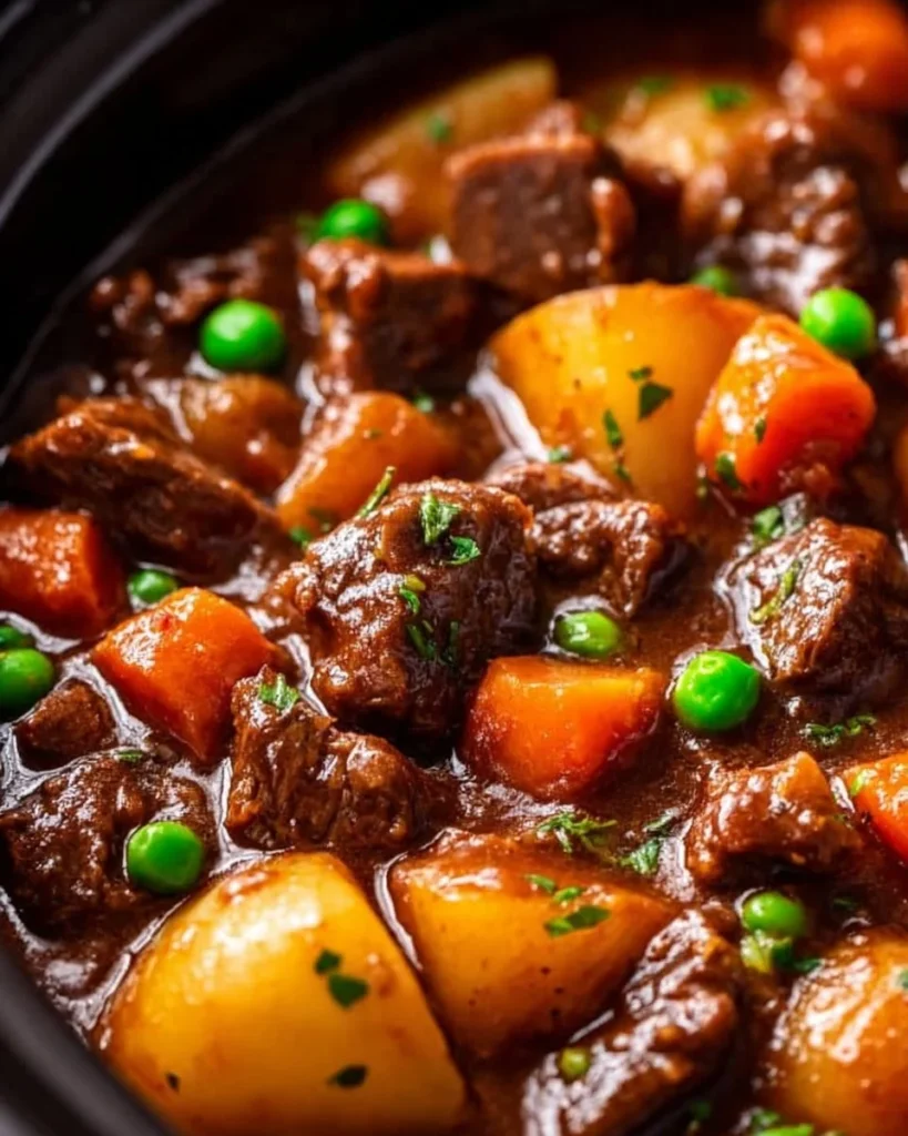 Delicious crockpot beef stew with fresh vegetables and beef chunks cooking in a slow cooker