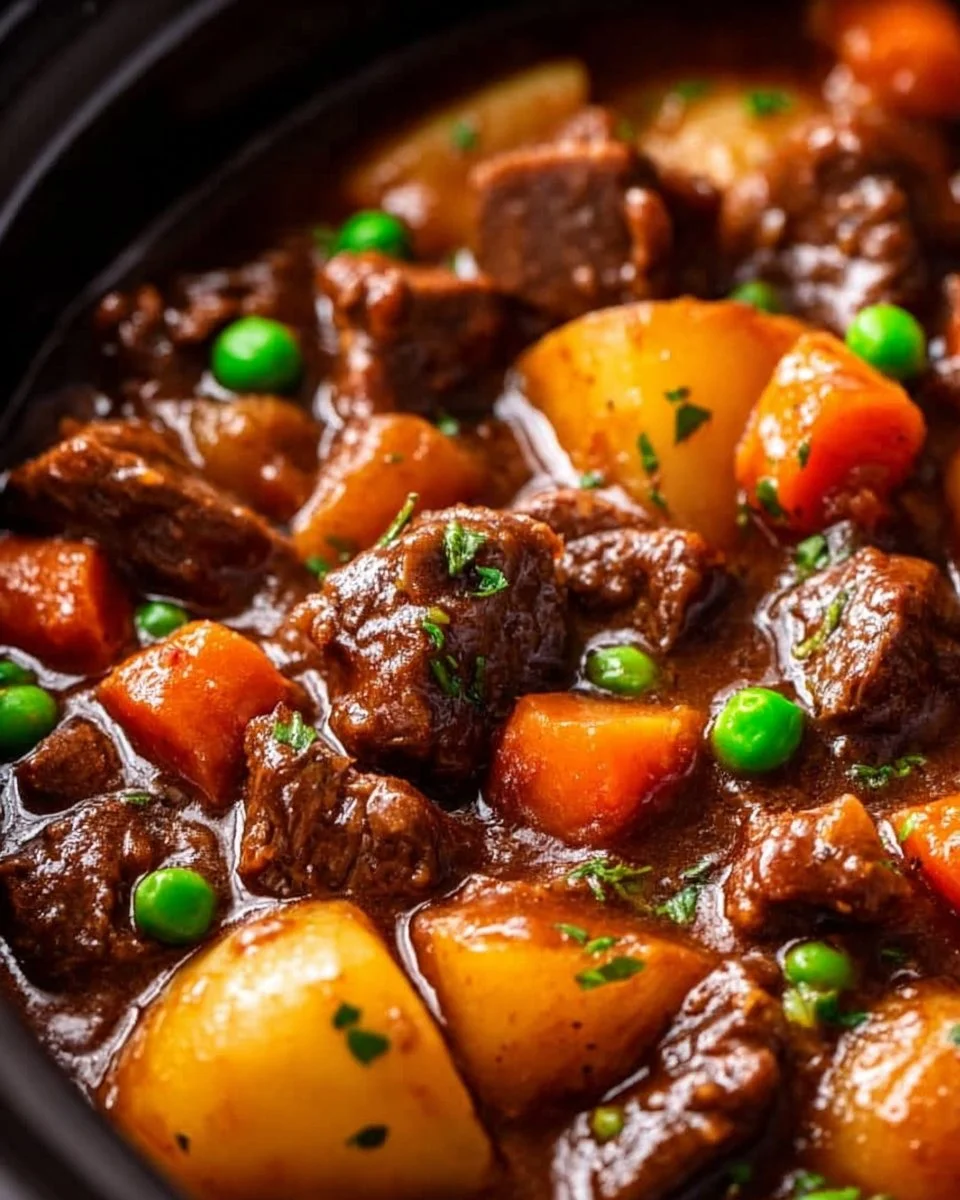 Delicious crockpot beef stew with fresh vegetables and beef chunks cooking in a slow cooker