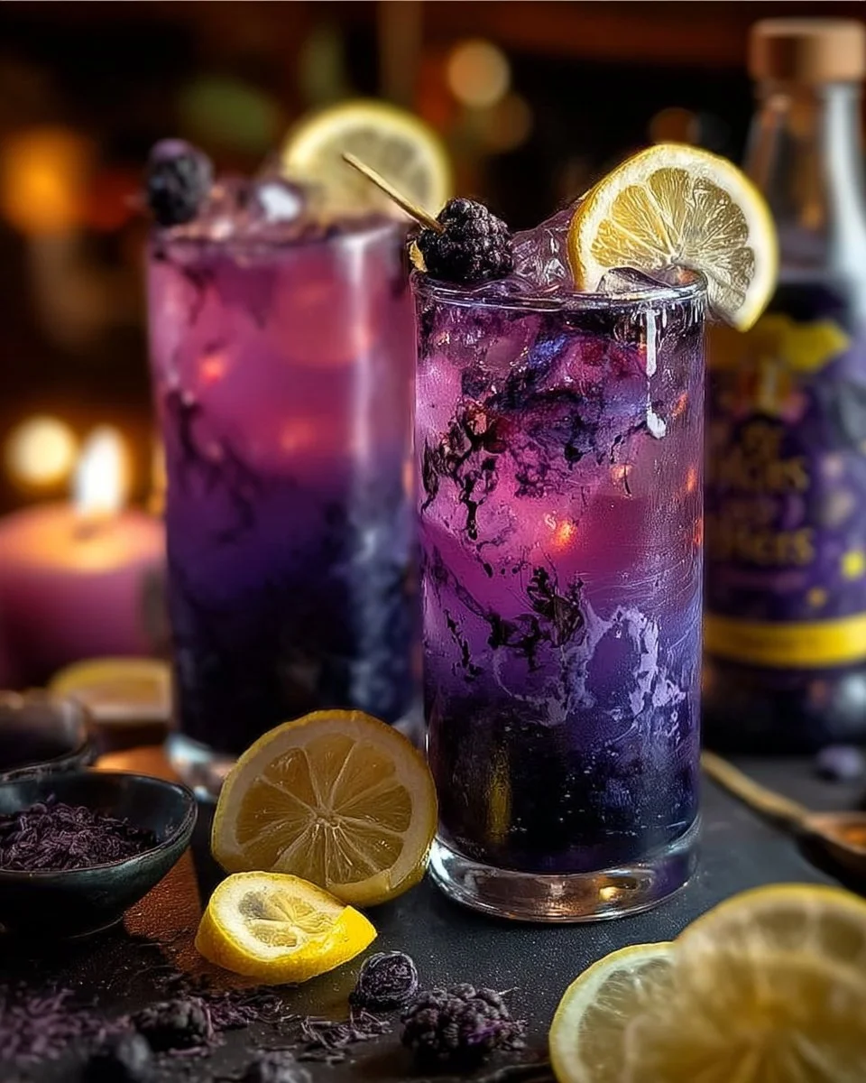 A glass of Witches Brew Lemonade with vibrant colors and garnishes