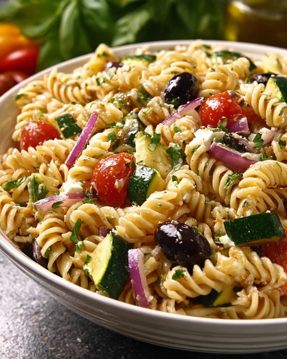 Colorful zesty summer pasta salad with fresh vegetables and dressing.