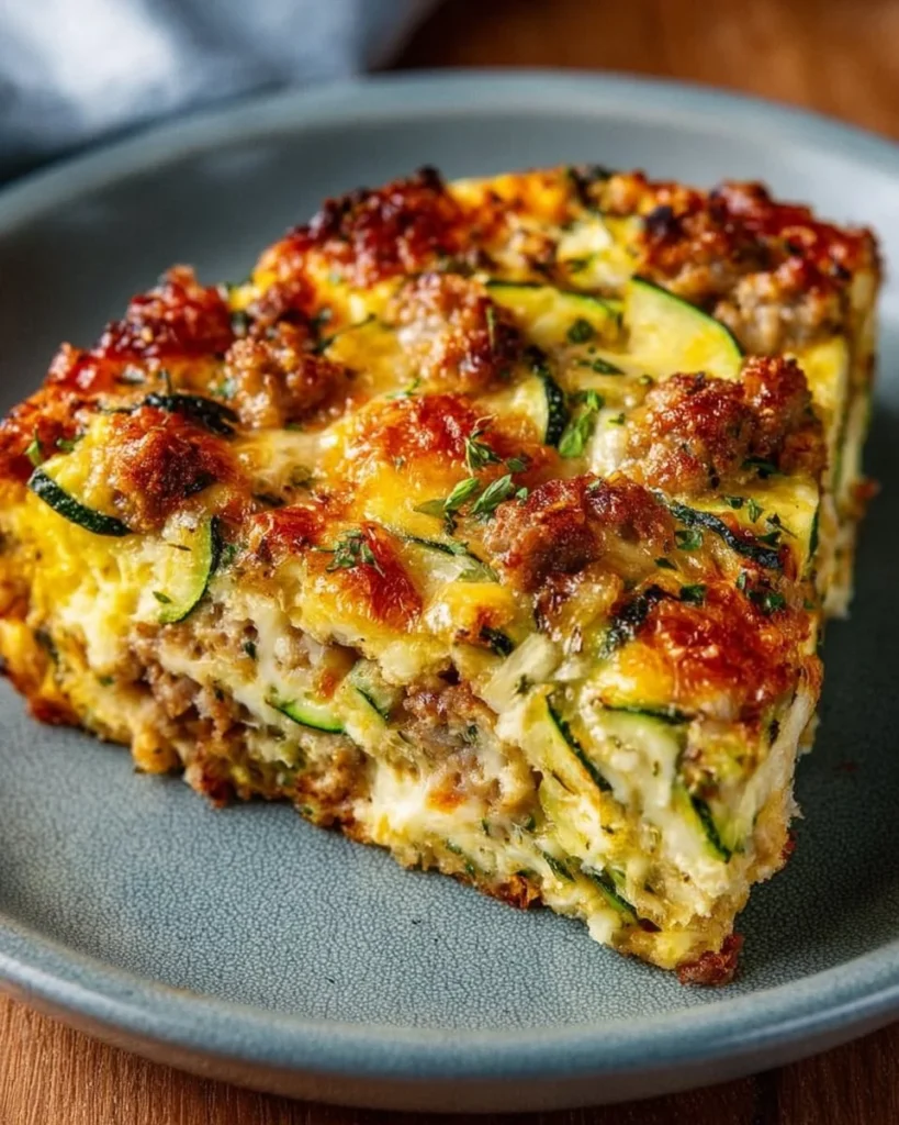 Delicious zucchini pizza casserole topped with cheese and fresh ingredients.