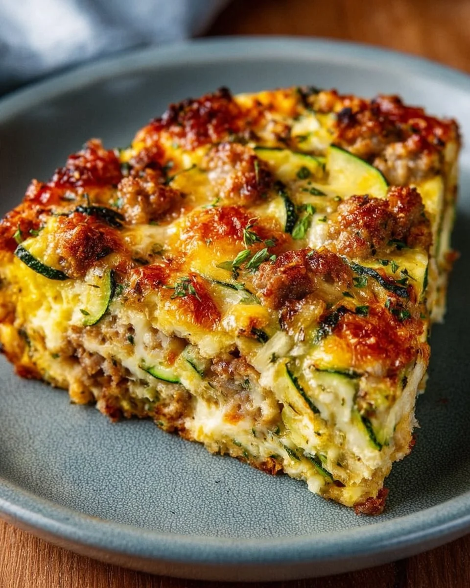 Delicious zucchini pizza casserole topped with cheese and fresh ingredients.