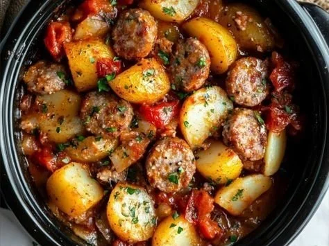 Delicious crockpot stew simmering in a slow cooker with fresh ingredients