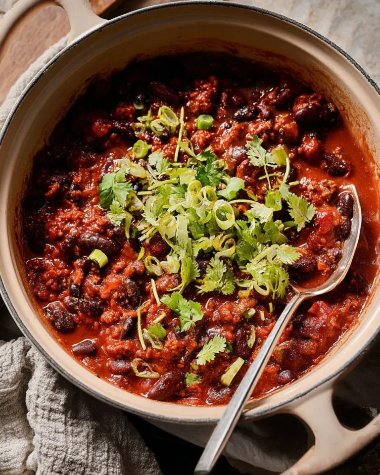 A bowl of hearty vegan chili topped with fresh herbs and avocado.