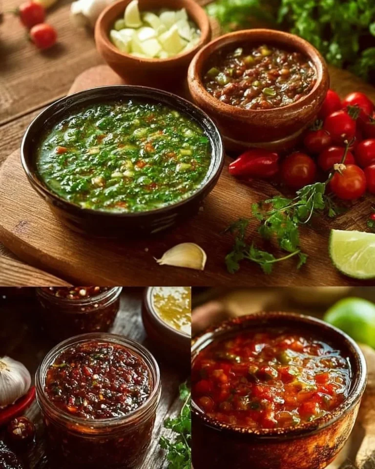 Five delicious homemade Mexican salsas in colorful bowls on a wooden table.