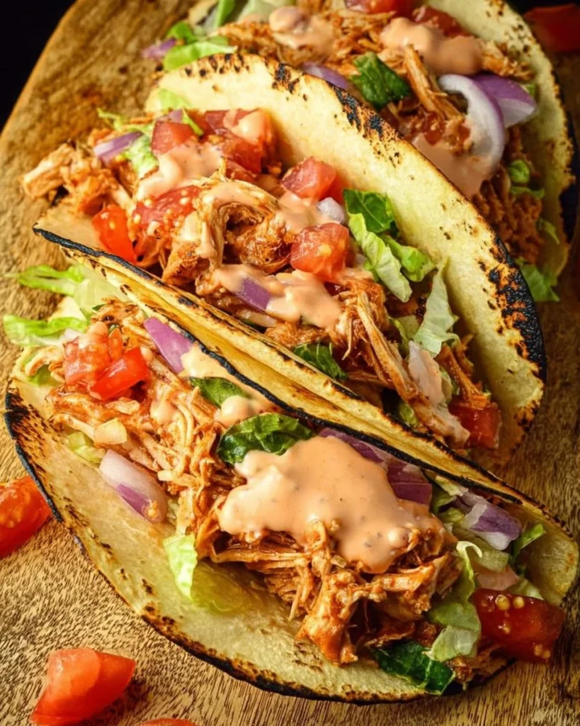 Delicious crockpot chicken tacos served in tortillas with fresh toppings