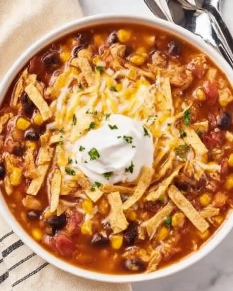 Delicious bowl of 7 Can Taco Soup topped with cheese and cilantro.