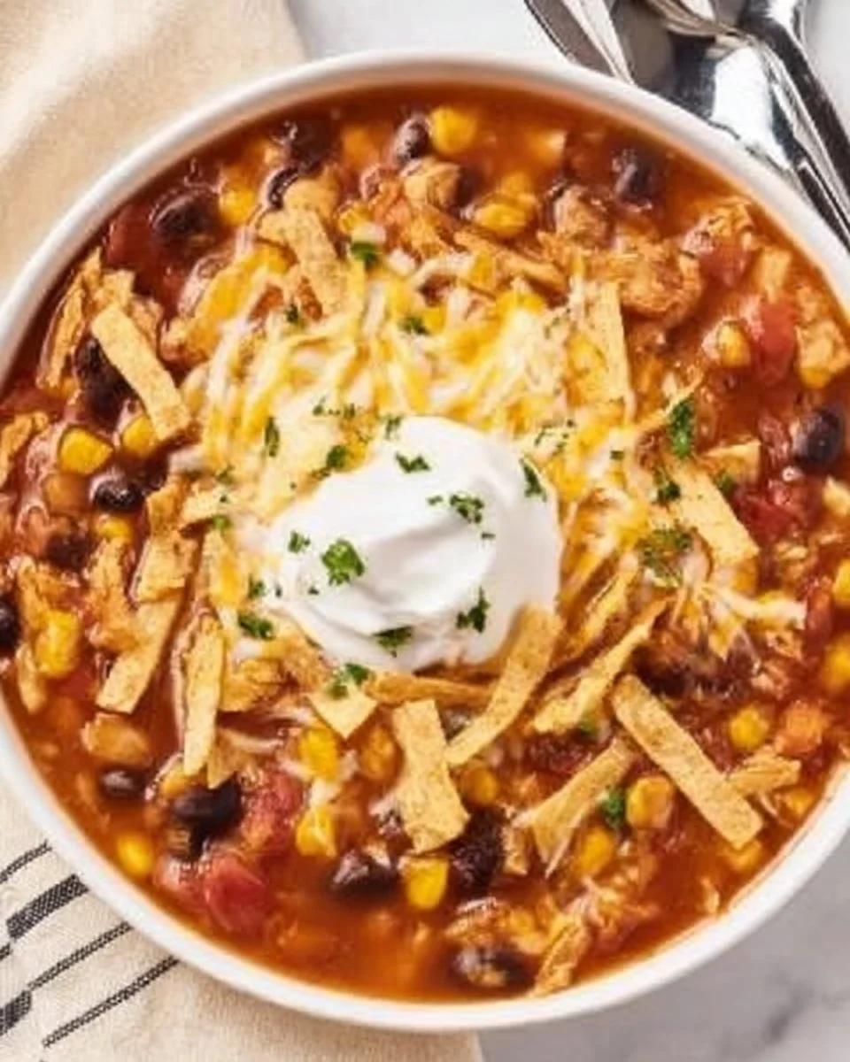 Delicious bowl of 7 Can Taco Soup topped with cheese and cilantro.