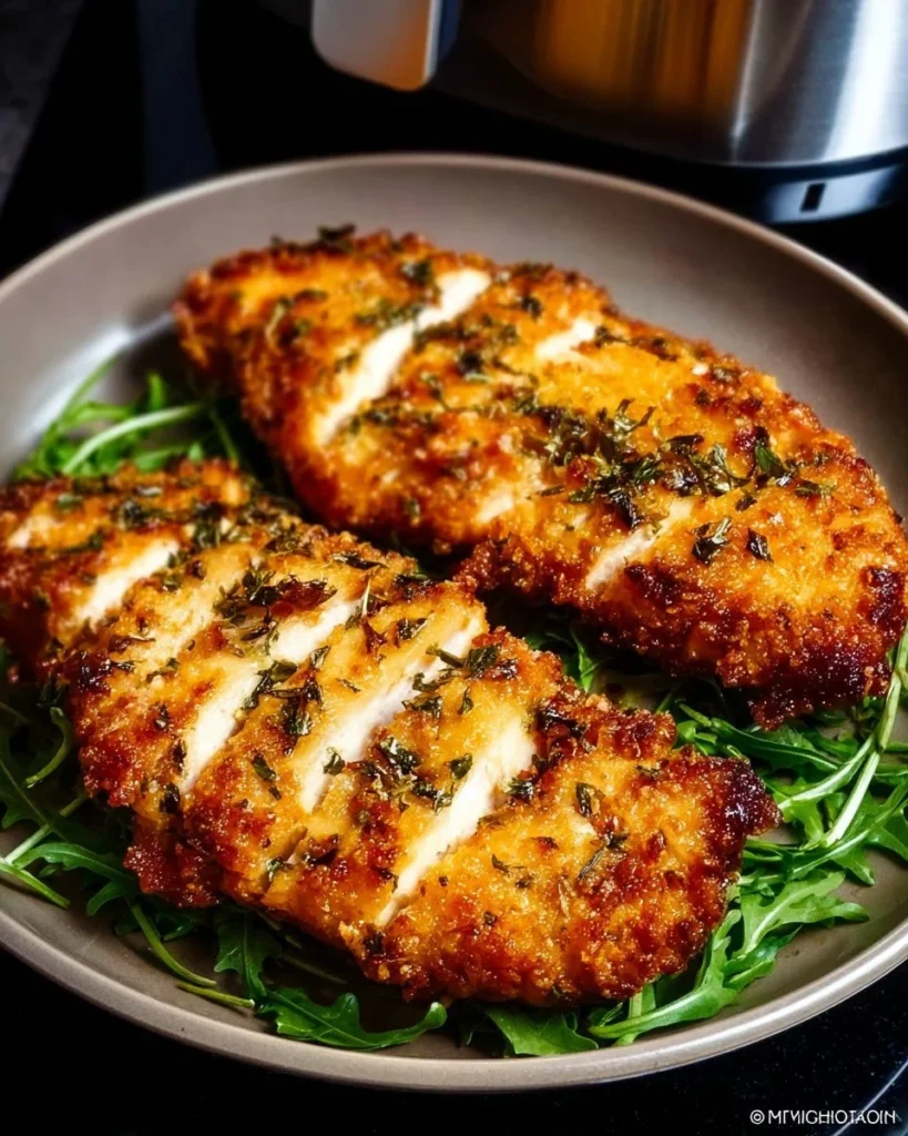 Crispy air fryer breaded chicken breast served on a plate with herbs.