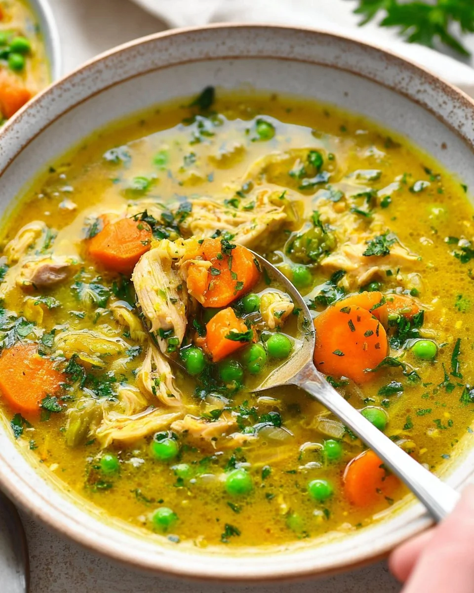 Bowl of anti-inflammatory turmeric chicken soup with herbs and spices