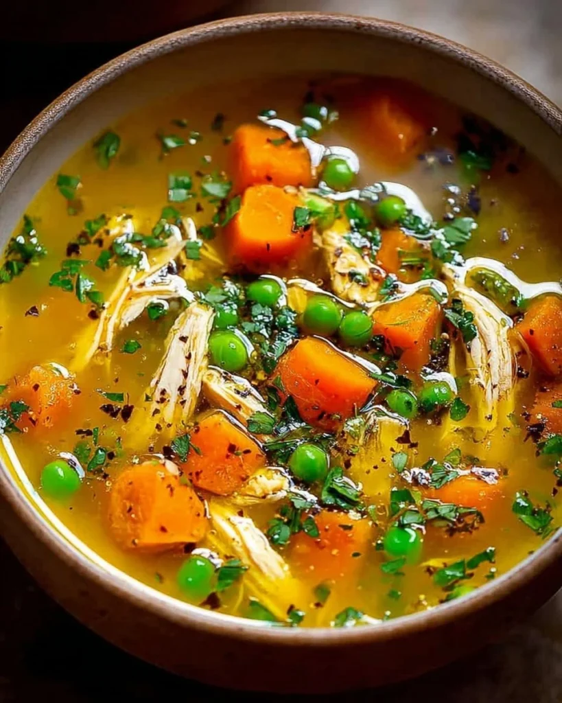 Bowl of anti-inflammatory turmeric chicken soup garnished with herbs