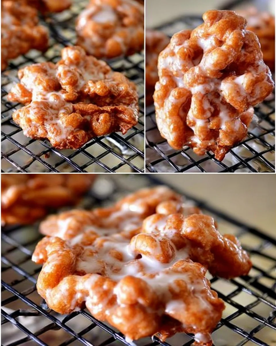 Freshly made apple fritters with a golden brown exterior and apple chunks.