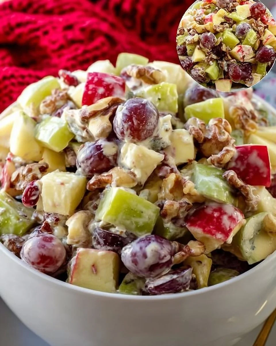 Fresh apple salad with greens, walnuts, and dressing on a wooden table