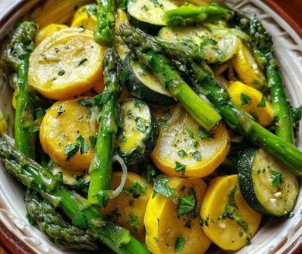 Plate of asparagus with zucchini and squash, showcasing a healthy vegetable dish.