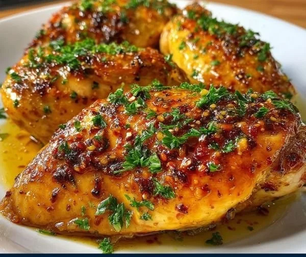 Baked Honey Dijon Chicken served with vegetables on a plate