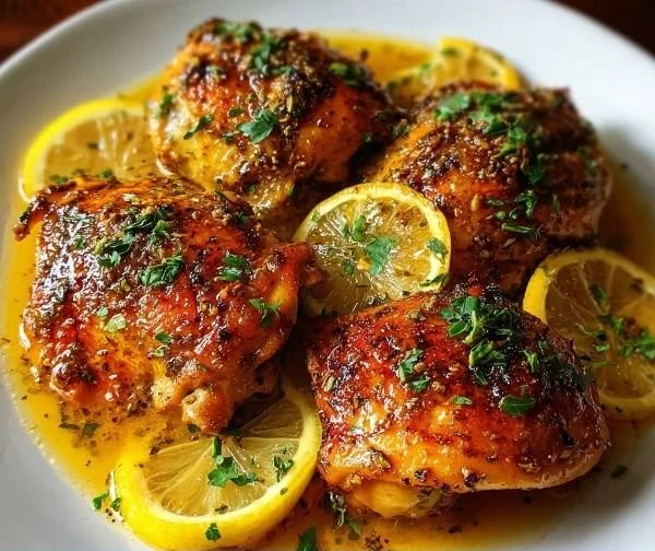 Baked Lemon Butter Chicken served with lemon slices and herbs